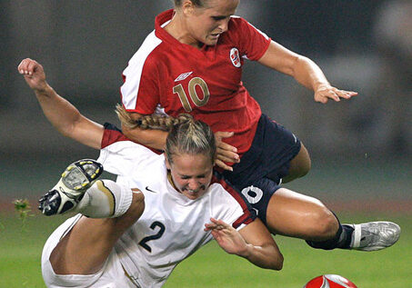 US soccer team falls to Norway
US Olympic soccer player Heather Mitts, bottom, fights for the ball with Norway Olympic soccer player Melissa Wiik. Norway edged USA, 2-0, during their match at the Beijing 2008 Olympics in Qinhuangdao, China this morning. (Silvia Izquierdo | Associated Press)